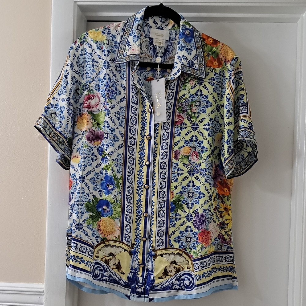 Camilla Womens  Multicolor Wall To Wall Wonder Tile Print ButtonUp Shirt NWT SzS